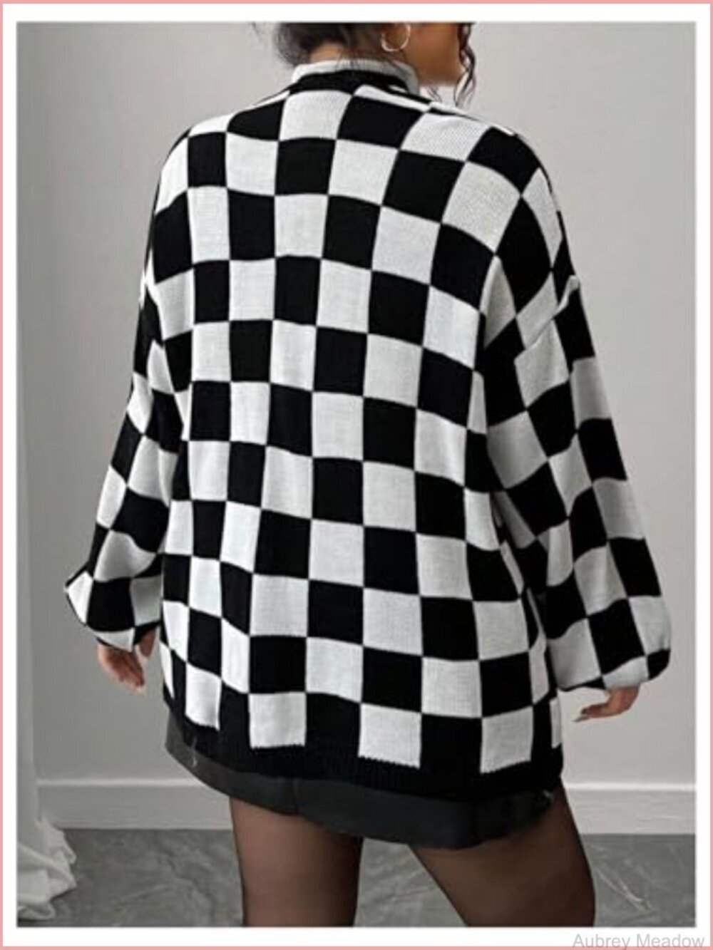 Plus Size Checkered Cardigan Open Front Knit Long Sleeve Sweater - Picture 2 of 6